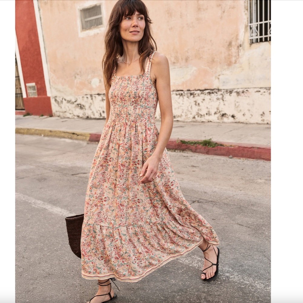 Marine Layer Floral Maxi Dress in Cream and Pink